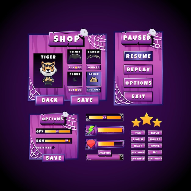 Vector conjunto de colección de interfaz emergente de tablero de interfaz de usuario de juego de halloween violeta aterrador