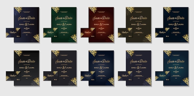 Conjunto de colección de invitación de boda de oro oriental de lujo geométrico ilustrado mega paquete elementos de tarjeta real elegante diseño de elementos dorados con plantilla de tarjeta de volante de variaciones de color