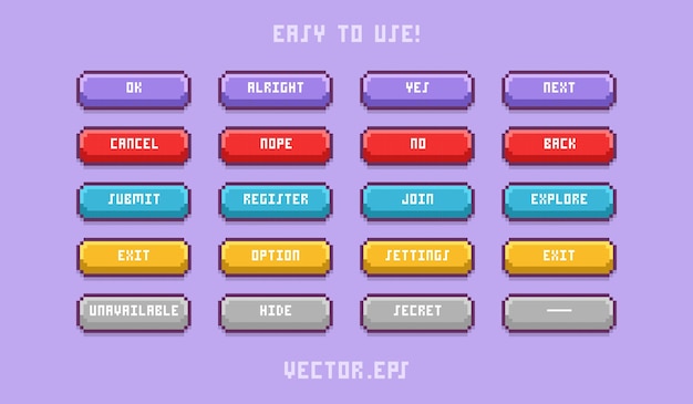 Conjunto de colección juego de acción de botón ui en pixel art estilo suave y lindo fondo azul púrpura vibrante