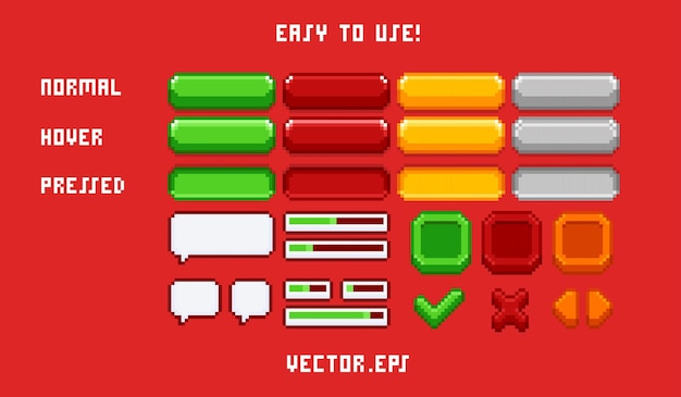 Conjunto de colección juego sencillo ui en pixel art estilo suave lindo fondo rojo vibrante