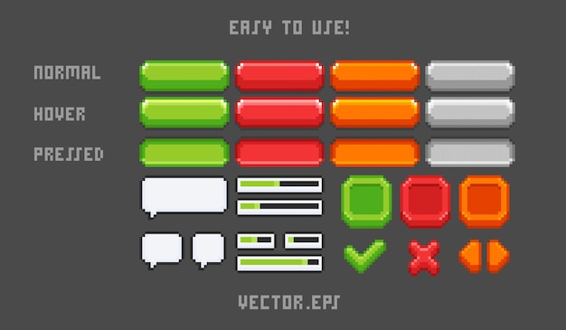 Conjunto de colección juego simple ui en pixel art estilo suave lindo fondo gris oscuro