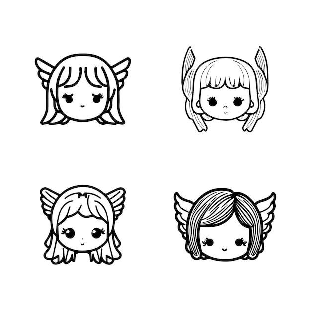 conjunto de colección de logotipos de cabeza de ángel kawaii lindo ilustración dibujada a mano