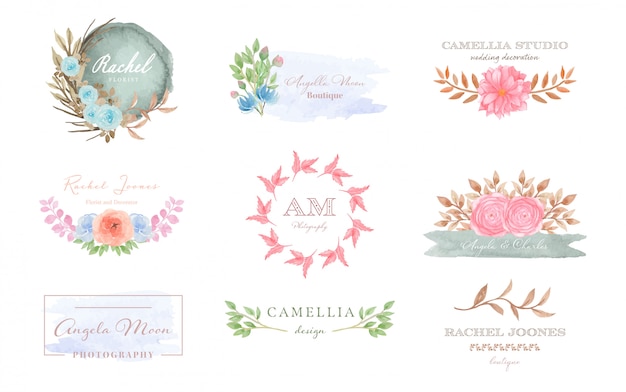 Conjunto de colección de logotipos florales prefabricados con salpicaduras de acuarela