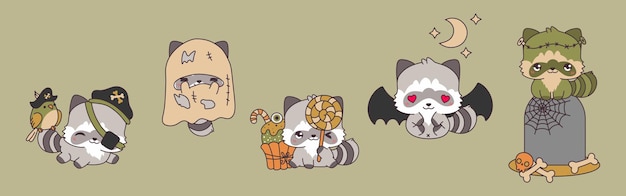 Conjunto de colección de mapaches de halloween kawaii de ilustraciones de animales del bosque de halloween vectoriales lindos
