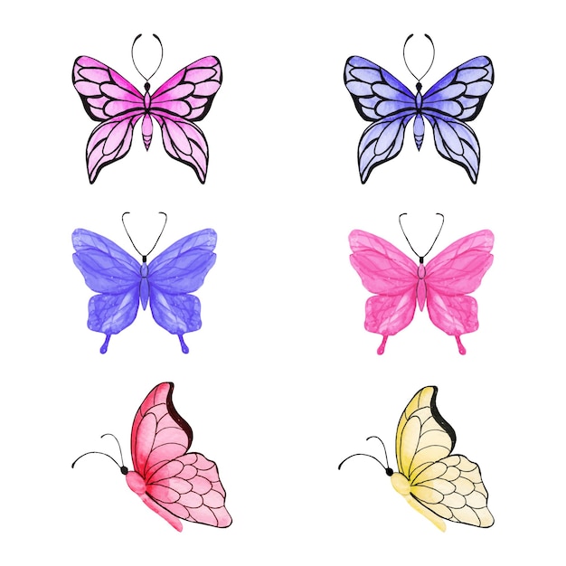 Vector conjunto de colección de mariposas acuarela dibujada a mano