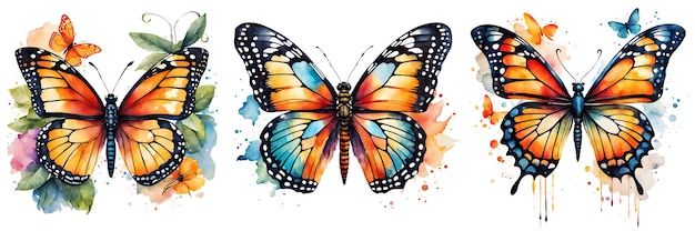 Conjunto de colección de mariposas de colores mariposas acuarela aisladas sobre fondo blanco