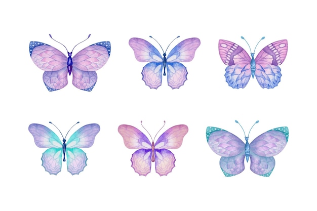 Conjunto de colección de mariposas voladoras de acuarela