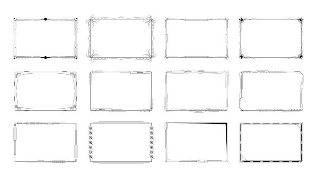 Conjunto Colección negra abstracta Línea simple Marco rectangular Doodle Esquema Elemento Diseño vectorial