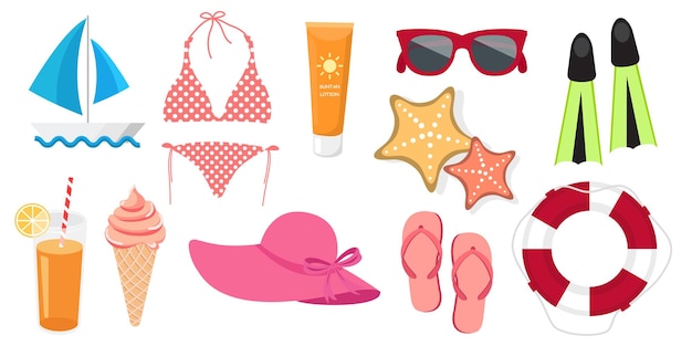 Conjunto de colección de objetos de vacaciones de verano traje de baño gafas de sol anillo de natación aletas de buceo