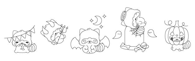 Conjunto de colección de páginas para colorear de mapaches de halloween kawaii de lindo vector contorno de animales de halloween