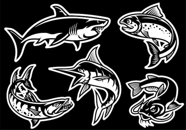 Conjunto de colección de peces en estilo blanco y negro