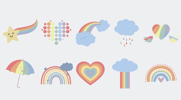 Conjunto de colección de pegatinas de arco iris diseño plano de estilo de dibujos animados Vector Premium