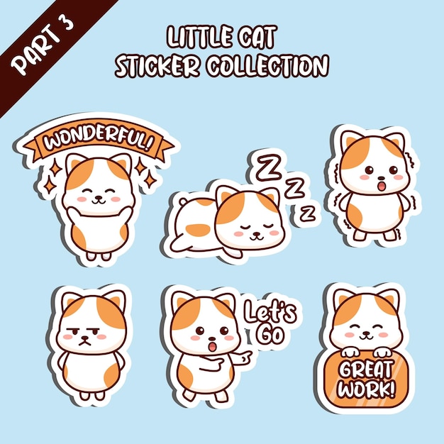 Vector conjunto de colección de pegatinas de gatitos, maravilloso sueño, choque, vamos, gran trabajo, emoticono, lindo diseño.