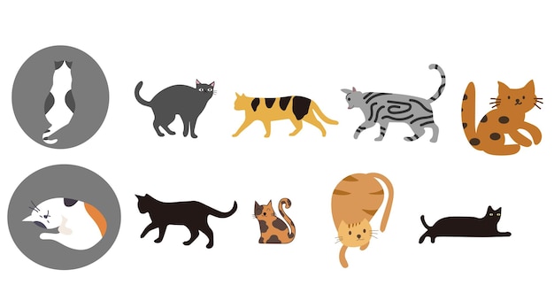 Conjunto de colección de pegatinas de gato diseño plano de estilo de dibujos animados Vector Premium