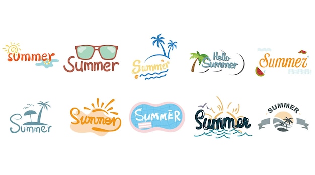 Conjunto de colección de pegatinas de verano diseño plano de estilo de dibujos animados Vector Premium
