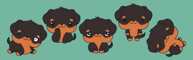 Conjunto de colección de perros rottweiler aislados kawaii de ilustraciones de animales de dibujos animados vectoriales para pegatinas