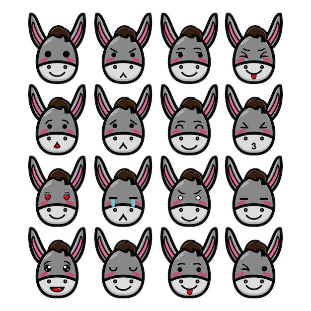 Vector conjunto de colección de personaje de diseño de mascota de burro cabeza linda aislado en un fondo blanco