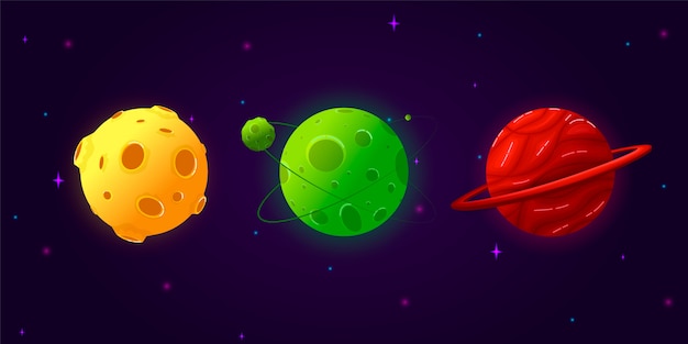 Conjunto de colección de planetas de dibujos animados. Colorido conjunto de objetos aislados. Planetas de fantasía