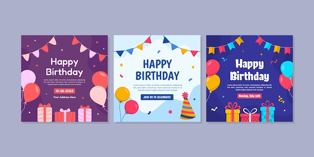 Conjunto de colección de plantillas de publicación de redes sociales de celebración de cumpleaños