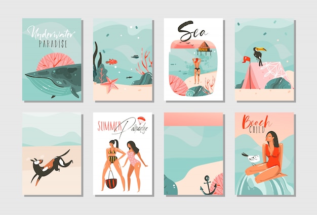 Conjunto de colección de plantillas de tarjetas de ilustraciones de dibujos animados abstractos dibujados a mano con gente de playa, sirena y ballena, puesta de sol y pájaros tropicales sobre fondo blanco