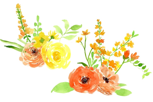Conjunto de colección de ramo floral de acuarela de rosa fresca con flor de naranja