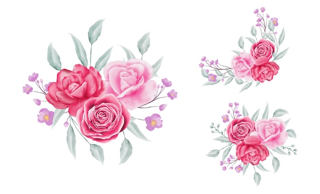 Conjunto de colección de ramo de flores para elementos de boda o tarjetas de felicitación con acuarela