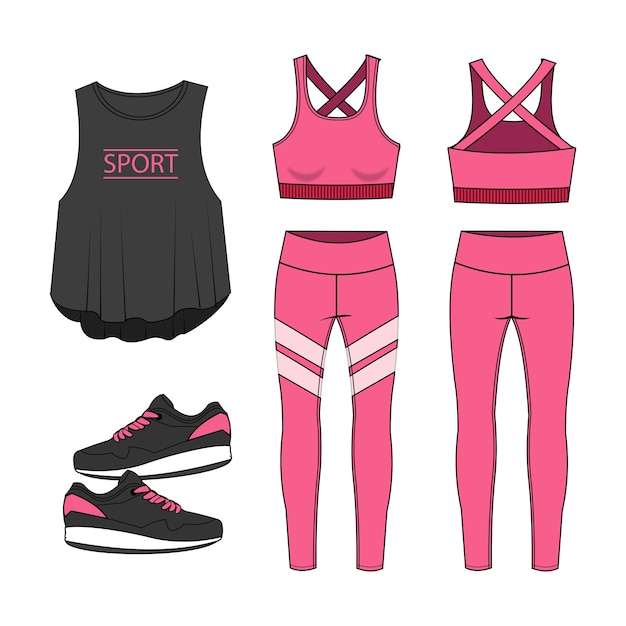 Vector conjunto de colección de ropa deportiva. fitness out fit vista frontal y posterior