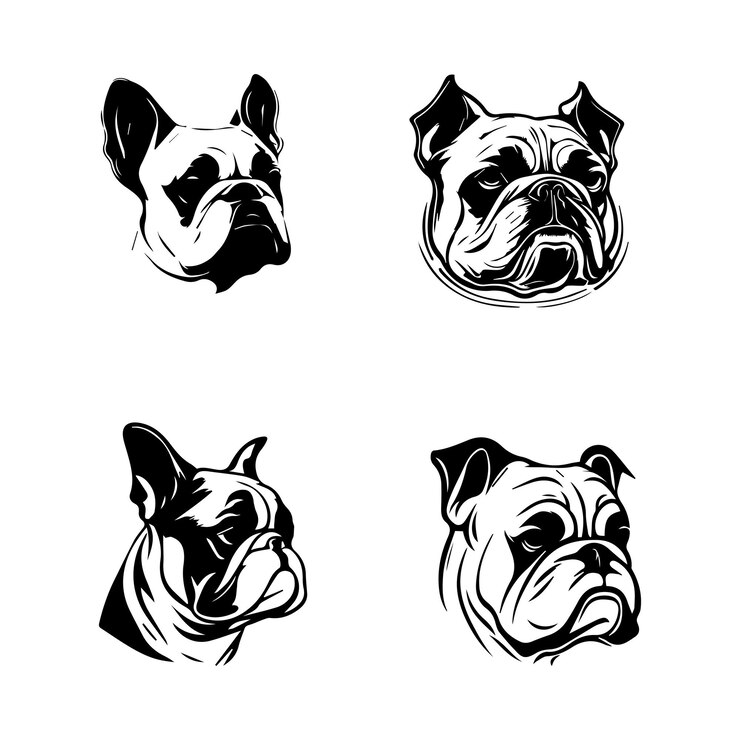 Vector conjunto de colección de silueta de logotipo de cabeza de bulldog enojado ilustración dibujada a mano