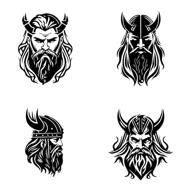 conjunto de colección de silueta de logotipo de cabeza de vikingo ilustración dibujada a mano