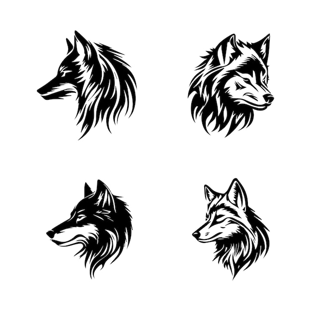 conjunto de colección de silueta de logotipo de lobo enojado ilustración dibujada a mano
