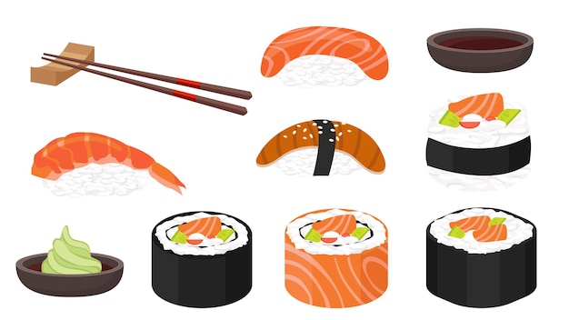 Conjunto de colección de sushi japonés de comida de dibujos animados