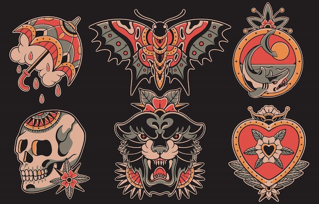 Conjunto de colección de tatuajes tradicionales de la vieja escuela de paraguas mariposa tiburón calavera flor pantera negra amor en ilustración vectorial