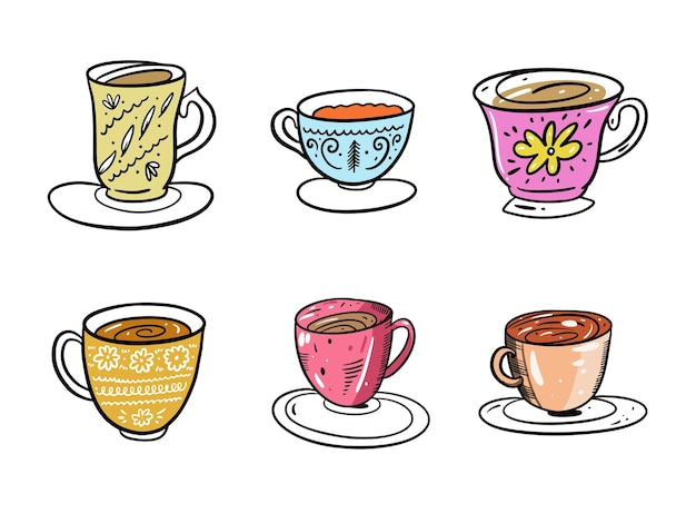 Conjunto de colección de tazas de café y té. Dibujado a mano aislado sobre fondo blanco. Estilo de dibujos animados. Diseño para decoración, tarjetas, impresión, web, póster, pancarta, camiseta.