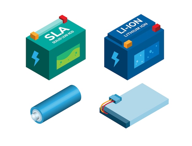 Conjunto de colección de tipo de batería Vector de ilustración isométrica