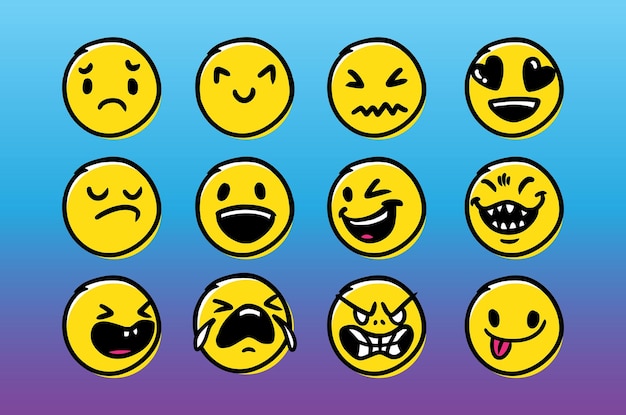 Conjunto de colección de vector de patrón de estilo de contorno de emoticono emoji dibujado a mano icono moderno