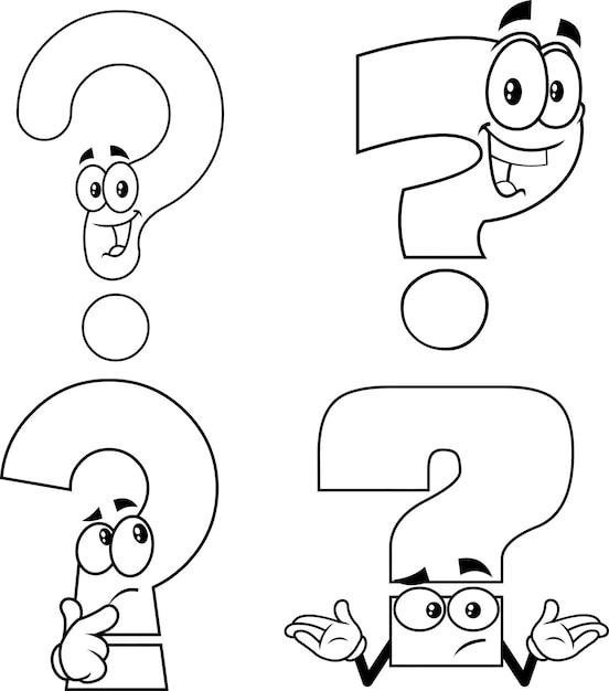 Vector conjunto de colección de vectores de personajes de dibujos animados de signo de interrogación divertido contorneado aislado sobre fondo blanco