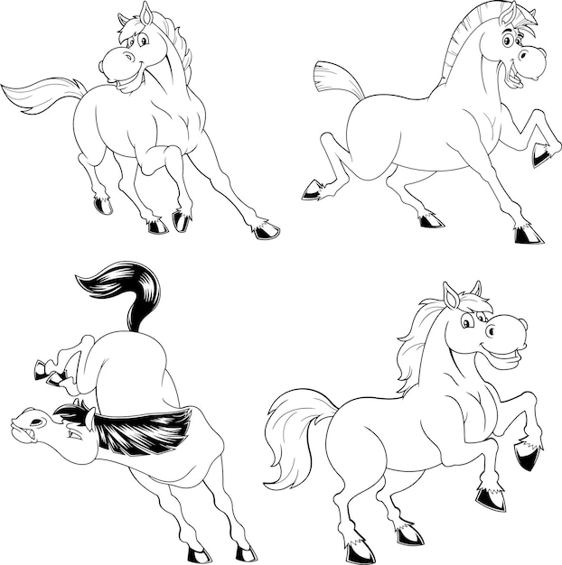 Conjunto de colección de vectores de personajes de mascota de dibujos animados de caballos asombrosos contorneados