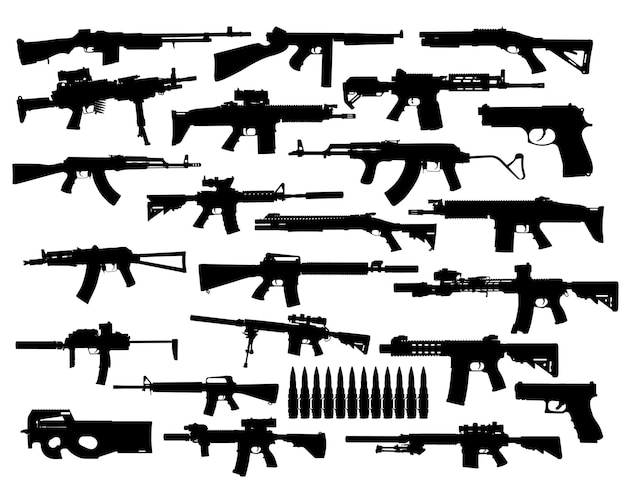 Vector conjunto de colección de vectores de siluetas de armas modernas. rifles de asalto y francotirador, pistolas, escopetas