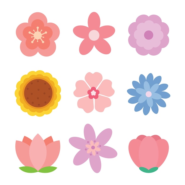 Conjunto de colección vectorial de flores de dibujo fácil en color pastel