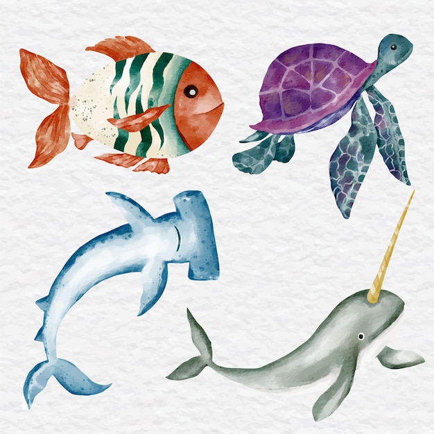 Conjunto de colección de vida marina de animales submarinos de acuarela