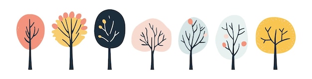 Conjunto de colecciones de árboles y hojas dibujadas a mano con elementos vectoriales de diseño plano conjunto botánico de árboles desnudos y con hojas y verde exuberante