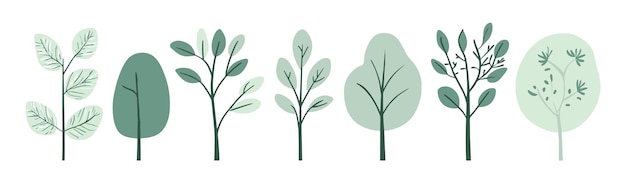 Conjunto de colecciones de árboles y hojas dibujadas a mano con elementos vectoriales de diseño plano conjunto botánico de árboles desnudos y con hojas y verde exuberante