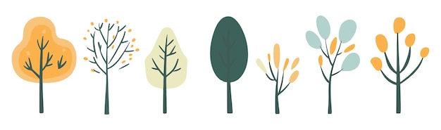 Conjunto de colecciones de árboles y hojas dibujadas a mano con elementos vectoriales de diseño plano conjunto botánico de árboles desnudos y con hojas y verde exuberante