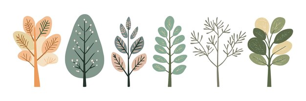 Conjunto de colecciones de árboles y hojas dibujadas a mano con elementos vectoriales de diseño plano conjunto botánico de árboles desnudos y con hojas y verde exuberante