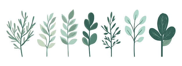 Conjunto de colecciones de árboles y hojas dibujadas a mano con elementos vectoriales de diseño plano conjunto botánico de árboles desnudos y con hojas y verde exuberante