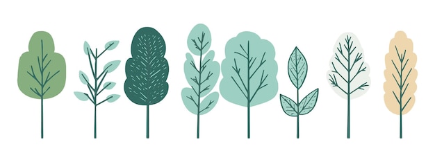 Conjunto de colecciones de árboles y hojas dibujadas a mano con elementos vectoriales de diseño plano conjunto botánico de árboles desnudos y con hojas y verde exuberante