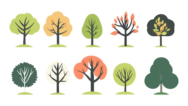 Conjunto de colecciones de árboles y hojas dibujadas a mano con elementos vectoriales de diseño plano conjunto botánico de árboles desnudos y con hojas y verde exuberante