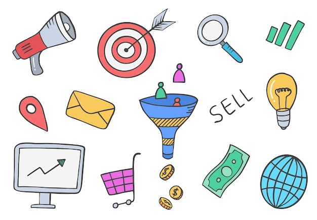 Vector conjunto de colecciones dibujadas a mano de doodle de industria de ventas y marketing con estilo de contorno plano