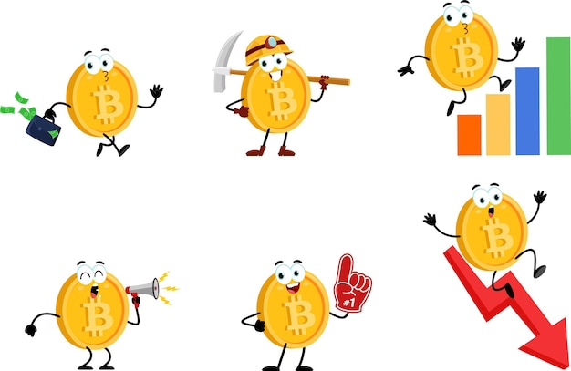Conjunto de colecciones de diseño plano vectorial de personajes de dibujos animados criptográficos de Bitcoin