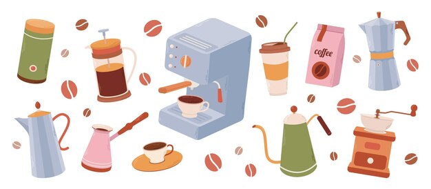 Conjunto de colecciones de elementos de café Iconos de suministros de café Fabricante de cafetera de prensa francesa